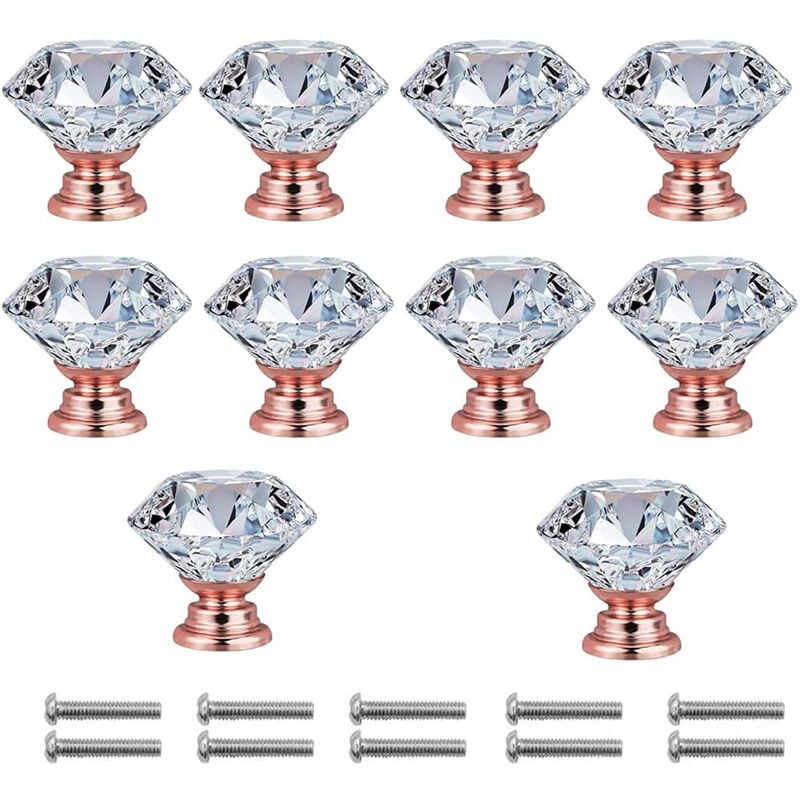 10 Stück Möbelknauf Kristall 30mm Diamant Schubladengriff mit Schrauben für Möbelschrank Kommode – Roségold | 08131010835688