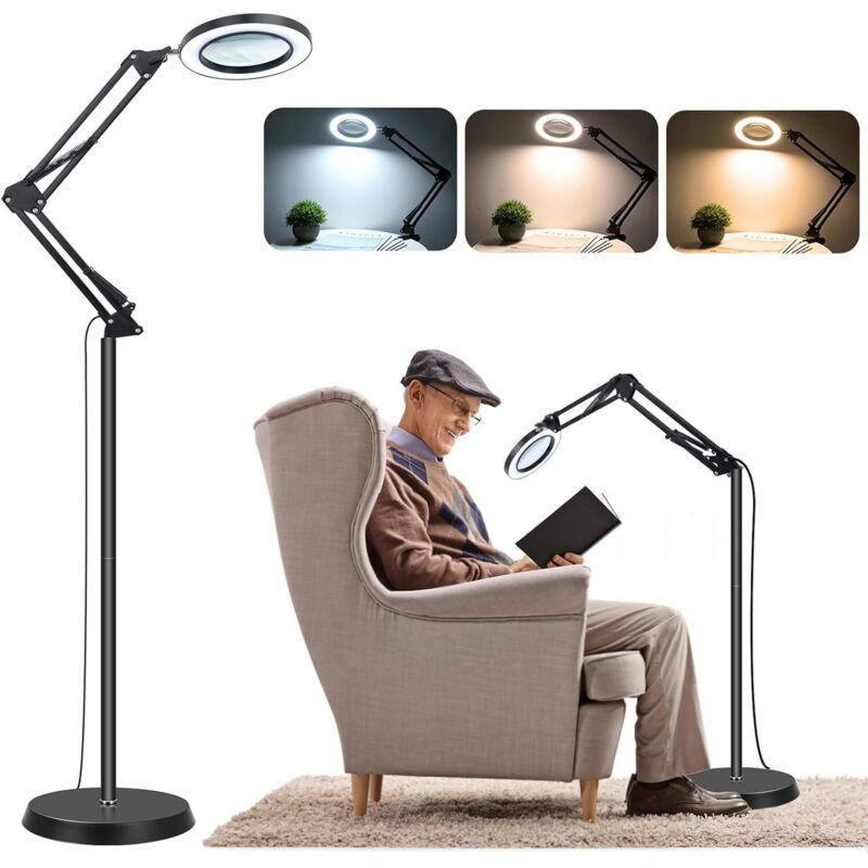 10X Lampe Loupe avec Lumière et Support, 2 en 1 Lampe Loupe sur Pied avec 72 LED à Luminosité Réglable, 3 Modes de Couleur, Loupe Éclairée pour
