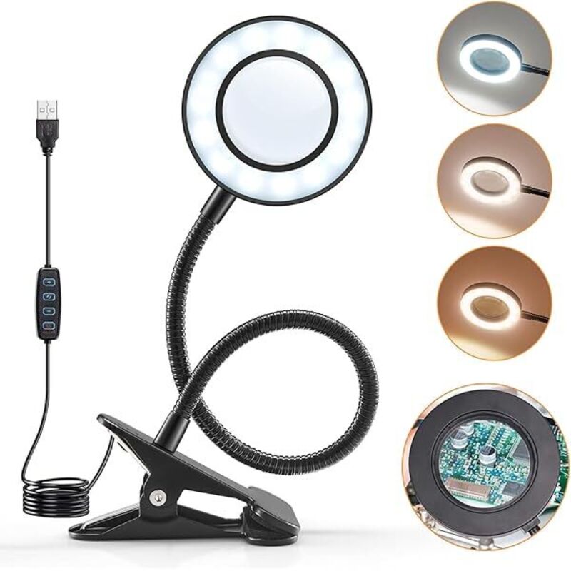 10X Lampe Loupe Lampe de Bureau LED, 3 Couleurs 10 Luminosité Lampe de Lecture, 360° Flexible Loupe de Lecture, Port