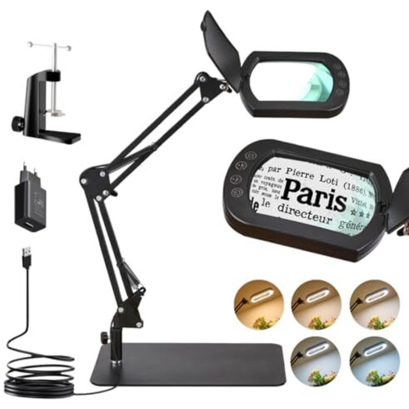 10x Lampe Loupe sur Pied, 2-en-1 LED Loupe Eclairante avec Couvercle de Protection, Lampe de Bureau avec 5 Modes de Couleurs pour Lecture,