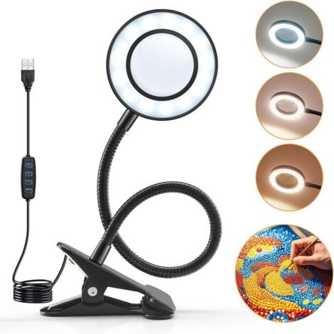 10X Loupe à Pince, 360° Flexible avec Lumière, 3 Couleurs, pour Bureau, Étude, Lecture, Loisirs et Artisanat
