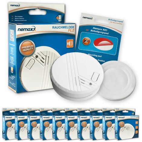 10x Nemaxx detector de humo FL2 - según la norma EN 14604 con tecnología fotoeléctrica sensible e inalámbrica! + 10x Nemaxx NX1 Pad de fijación