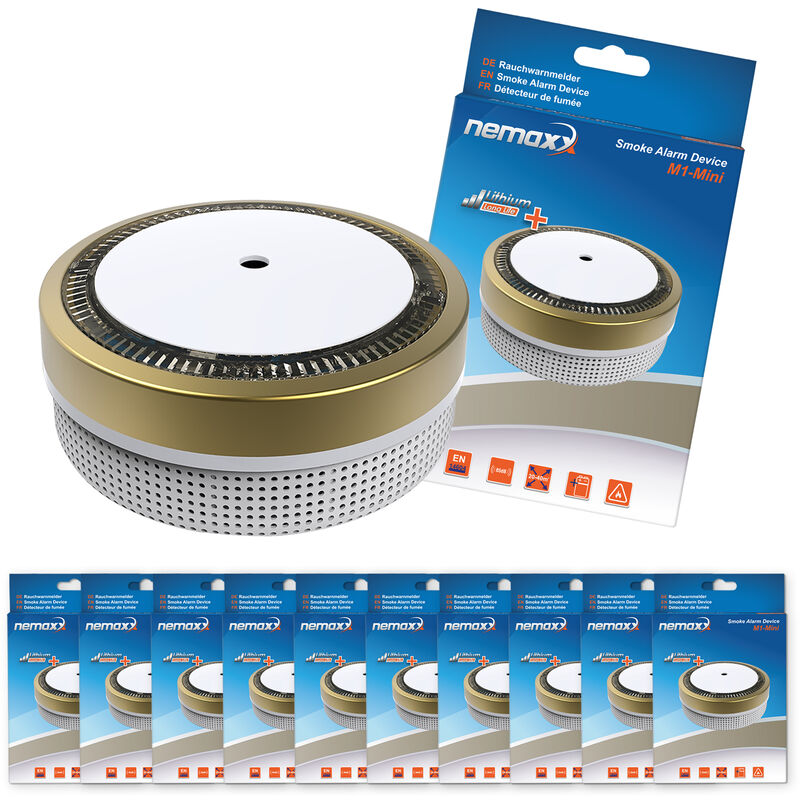 

10x Nemaxx Detector de humo M1-Mini sensibilidad fotoeléctrica - con batería de litio tipo DC3V - conforme la norma DIN EN14604 & Vds - dorado