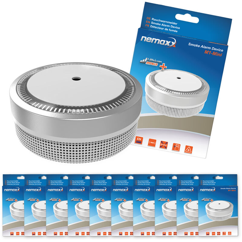 

10x Nemaxx Detector de humo M1-Mini sensibilidad fotoeléctrica - con batería de litio tipo DC3V - conforme la norma DIN EN14604 & Vds - plateado