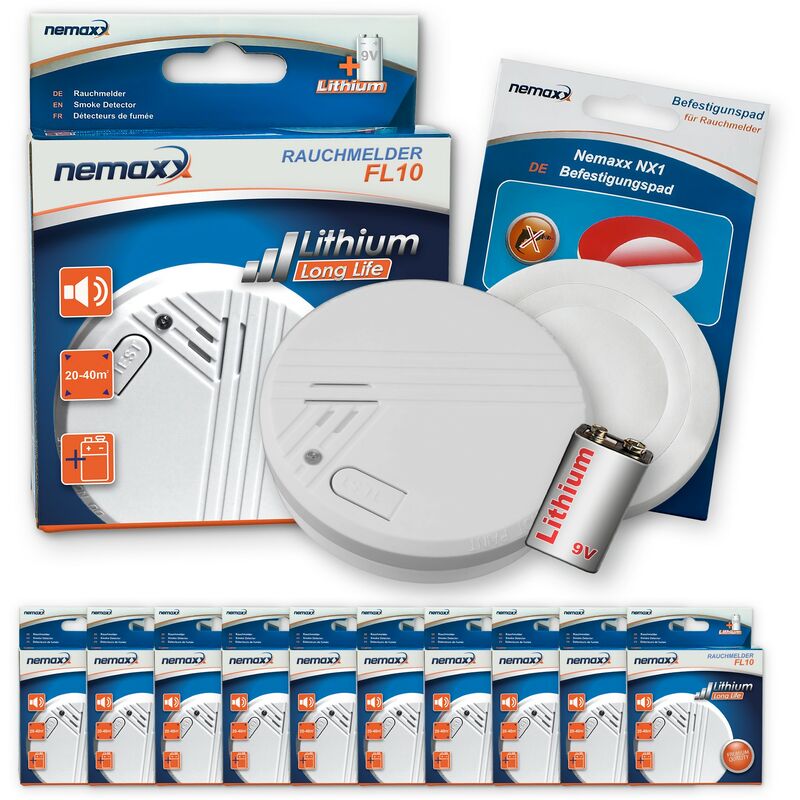 

Nemaxx - 10x FL10 Detector de humo + 10x NX1 Pad de fijación - Detector de calidad con pila de 10 años de duración y conforme la norma DIN EN 14604
