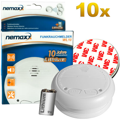 10x Nemaxx WL10 Funkrauchmelder - mit 10 Jahre Lithium Batterie Rauchmelder Feuermelder Set Funk koppelbar vernetzt - nach DIN EN 14604 + 10x Magnethalterung