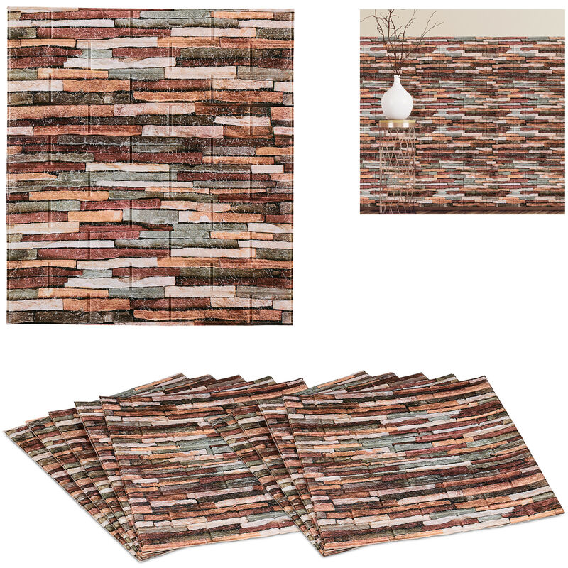 Relaxdays Self-Adhesive Wall Panels, Set of 10, Cut to Size, Modern Look, Stone Pattern, Paneling, 77 x 70 cm, Colourful