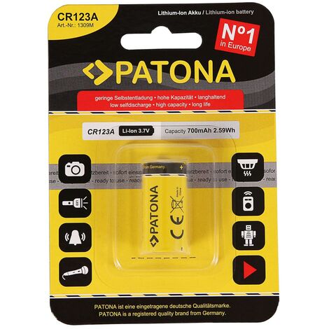 10x PATONA Li-Ion 3,7V Akku CR123A 16340 Zelle 700mAh 2,59Wh