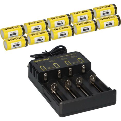 10x PATONA Li-Ion 3,7V Akku CR123A 700mAh 2,59Wh + Lader