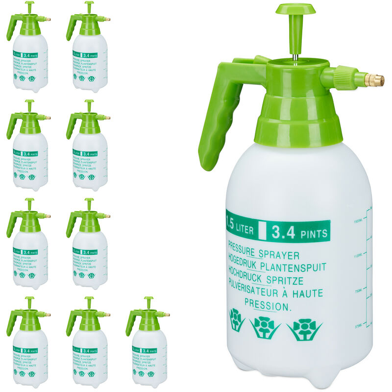 Relaxdays - 10x Pulvérisateur 1,5 litre buse réglable en laiton pour plantes jardin produits ménagers pe, blanc/vert