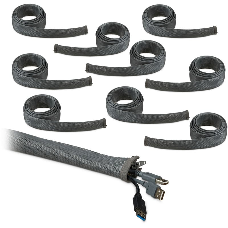 Set of 10 Relaxdays Cable Conduits, Cable Cover with Zipper, Clever Cord Wire, Cable Management, Hiding Cords, 2m, Grey