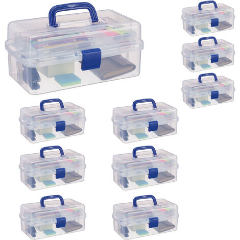 1x Scatola Trasparente Plastica, 9 Scomparti Per Oggetti, Maniglia e  Chiusura A Scatto, 14x33x19,5 cm, Blu