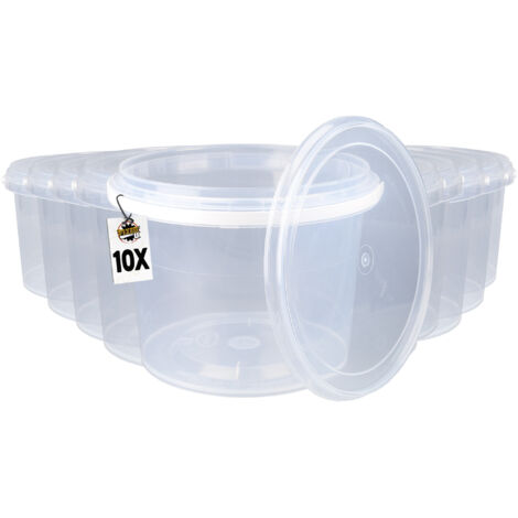 10x Seau en plastique avec couvercle, PP, rond, transparent 1,5 L
