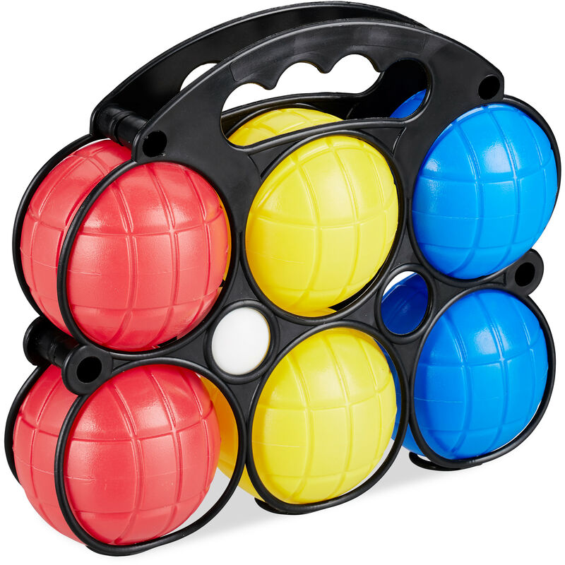 Relaxdays Boules Game, 6 Petanque Balls in 3 Colours, Plastic Boccia Set for Kids with Jack Ball & Carry Case, Colourful