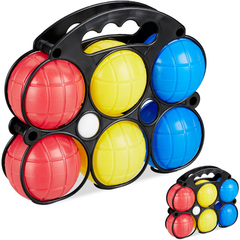 2x Relaxdays Boules Game, 6 Petanque Balls in 3 Colours, Plastic Boccia Set for Kids with Jack Ball & Case, Colourful