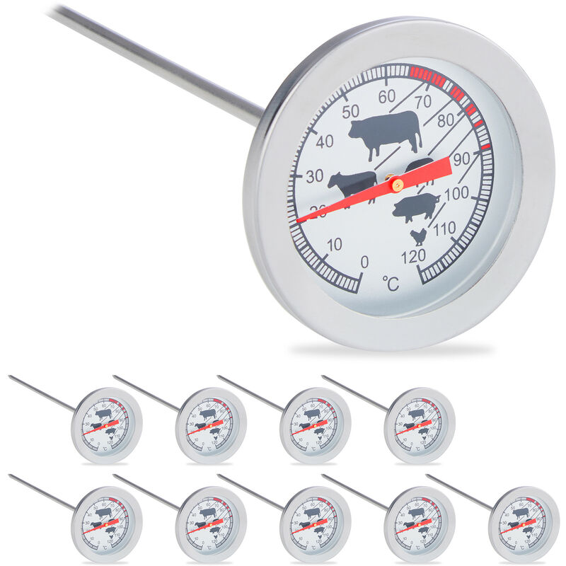 Image of Meat Thermometer, 10x Set, Analogue Reading, Insert, Stainless Steel bbq Cooking Probe, Grill, 20 cm, Silver - Relaxdays