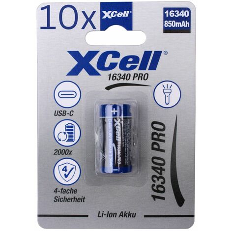 10x XCell CR123A 16340 Pro Li-Ion Akku 3,6V 850mAh mit USB-C