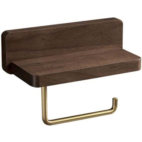 (10x20 CM)Porte Papier Toilette Double Installation Bois Massif Hêtre Dérouleur Support Papier WC Mural Auto-adhésif Coins Arrondis Porte Rouleau Décor Salle de Bain Noyer noir