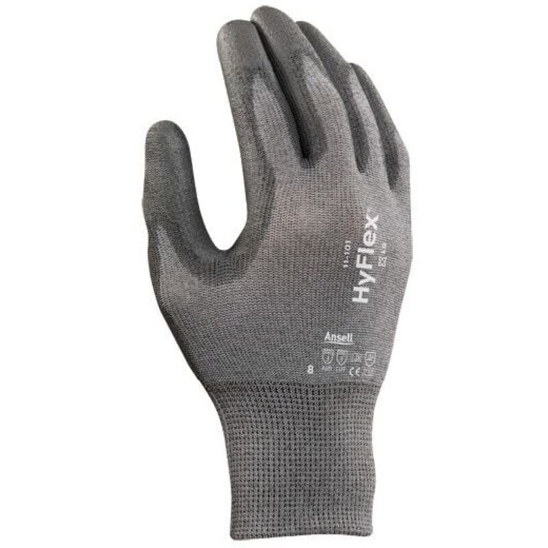 Ansell - 11-101 HyFlex Touch Screen Capable Palm-side Coated Grey Gloves - Size 8