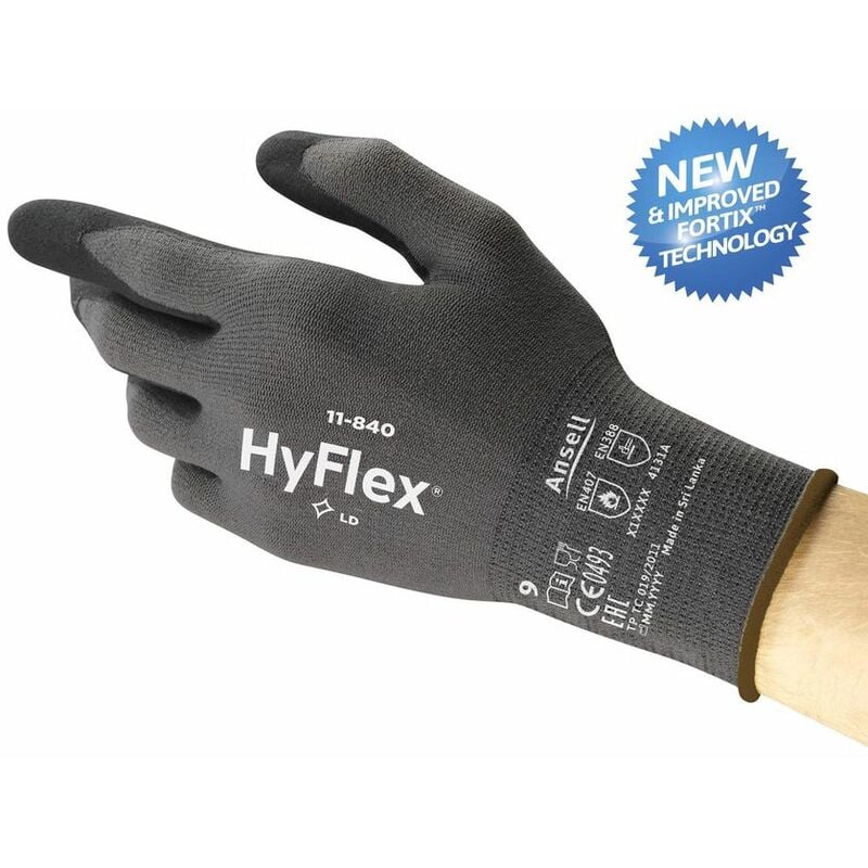 Ansell - 11-840 Hyflex Fortix (Vending Packaged) Palm-side Coated Black/Grey Glove