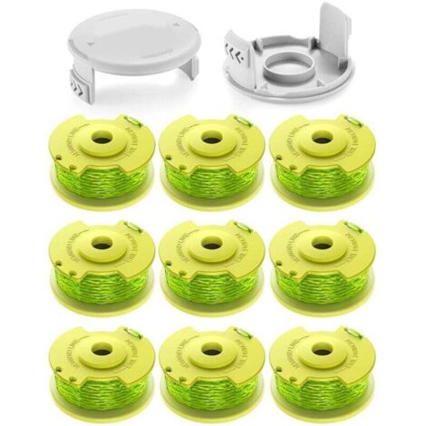 11 bobines de fil 2.0mm pour coupe-bordures Ryobi One+ 18V/24V/40V. Longueur 3.4m, compatible AC14RL3A. Inclut 9 bobines, 2 couvercles.