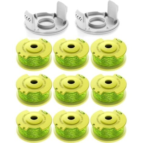 11 bobines de fil de rechange pour coupe-bordures Ryobi One+ - Diamètre 2,0 mm, longueur 3,4 m - Compatible AC14RL3A - Lot avec 9 bobines et 2 couvercles - Performance fiable.