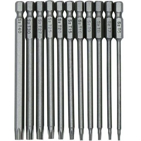 11 embouts de tournevis Torx S2 100 mm, tige hexagonale de 1/4 pouce, embout de tournevis de sécurité magnétique de précision T6-T40, tournevis à tête Torx longue.