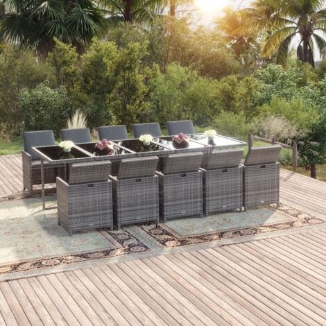 11 pcs Ensemble à dîner de jardin Table et Chaises de Salle à Manger avec coussins Résine tressée Gris -79746