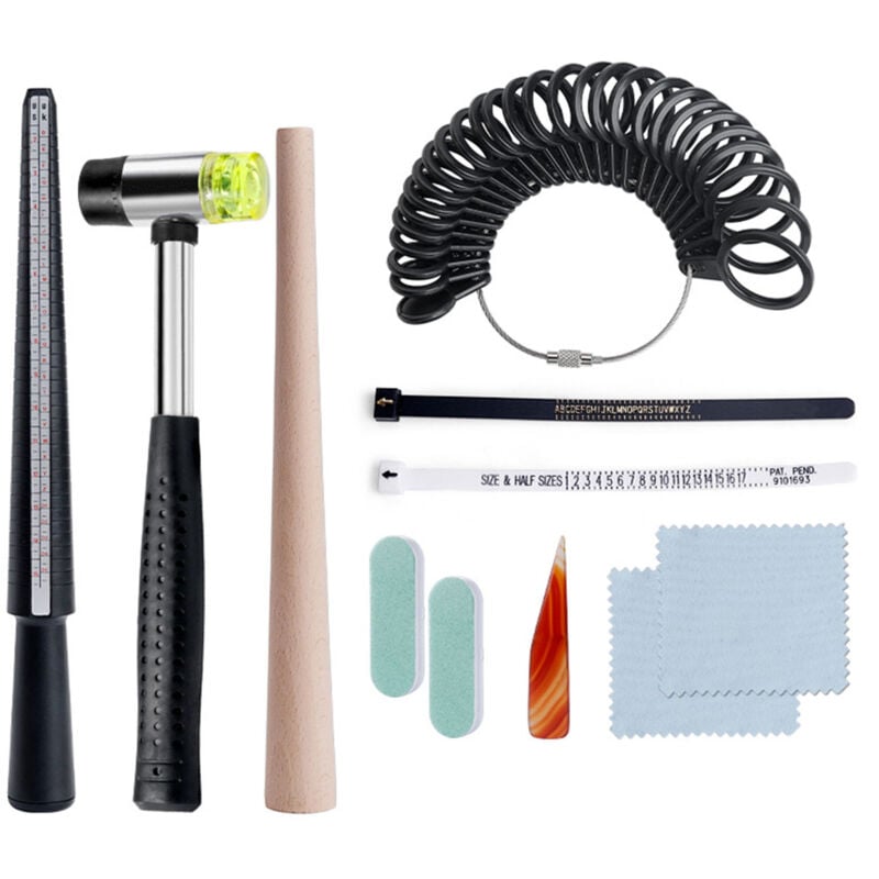 Image of 11 PCs Universal Ring Sizer Messwerkzeug Set Polishing Stab Gummi -Hammer -Fingergröße