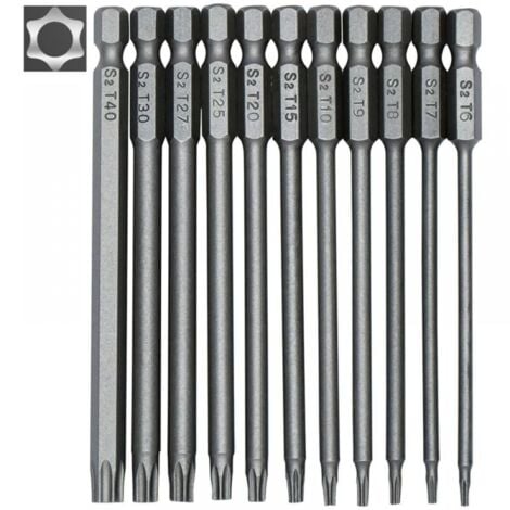 11-Piece Long Screwdriver Bit Set - Magnetic Bits - 1/4" Hex Shank - Sizes T6 to T40 - 100mm Length