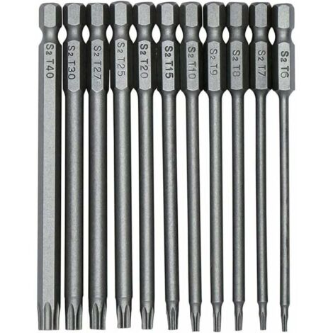 11 Pièces 100mm S2 1/4Pouce Torx Tournevis Bits à Tige Hexagonale de Précision Foret Tournevis Magnétique de Sécurité T6-T40 Tournevis à Tête Longue Torx --