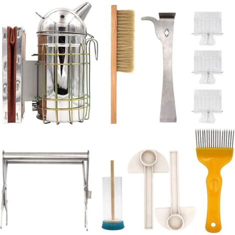 11 Pièces Kit d'Outils d'Apiculteur Ensemble d'Outils De Ruche Attrape-Reine J Hook Hive Brosse Kit de Démarrage pour l'Apiculture