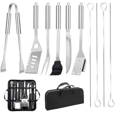 11 Piezas Set de Utensilios de Barbacoa de Acero Inoxidable Profesional - Kit de Accesorios Prácticos con Bolsa Portátil - Equipo para Camping y Picnic