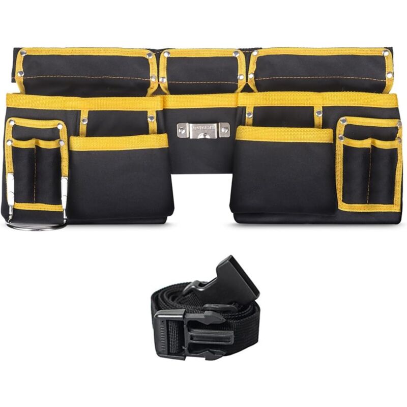 11-Pocket Heavy Duty Tool Belt for Men - Yellow and Black Construction Pouch With Quick Release Buckle, Adjustable Up to 48' for Electrician,