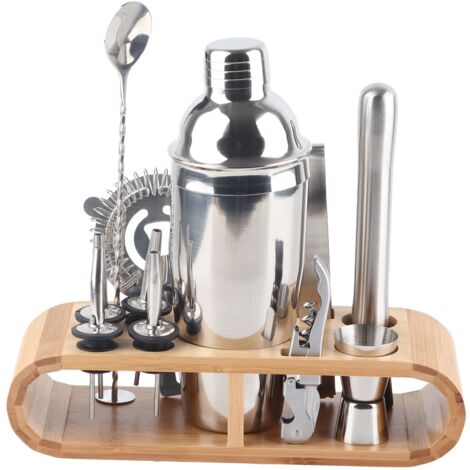 11-teiliges Cocktailset aus Edelstahl mit Holzsockel, professionelle Barwerkzeuge für Shaker und Mixer.