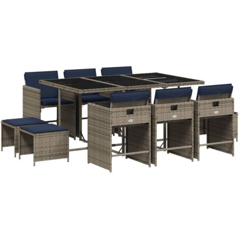 11-teiliges Garten-Ess-Set mit Kissen, grau, Polyrattan vidaXL