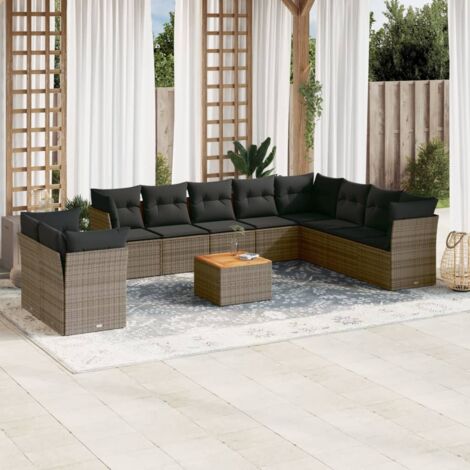11-teiliges Gartenmöbel-Set mit grauen Kissen aus geflochtener Rattan