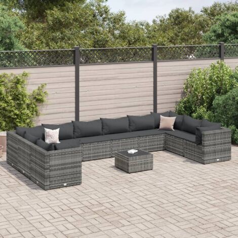 11-teiliges Gartenmöbel-Set mit Kissen Grau Geflecht