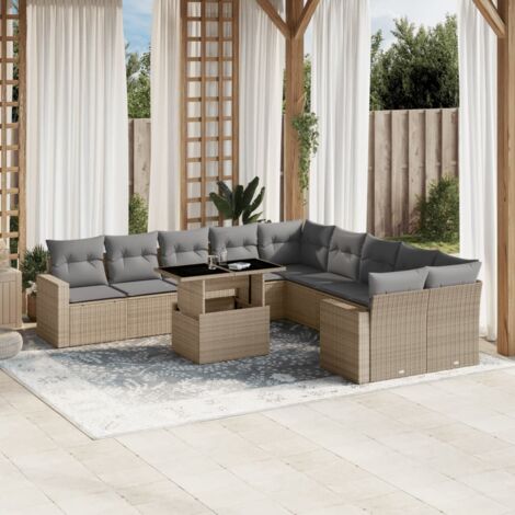11-teiliges Gartenmöbelset mit beigen Kissen aus geflochtener Poly-Rattan