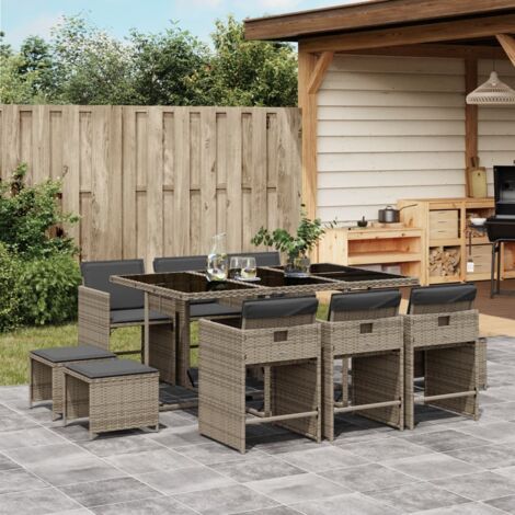 11-teiliges Gartenset mit grauen Polyrattankissen