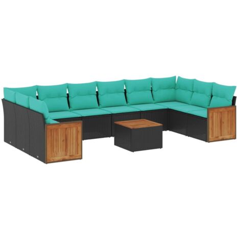 11-teiliges Gartensofa-Set mit Kissen, schwarzes Polyrattan vidaXL