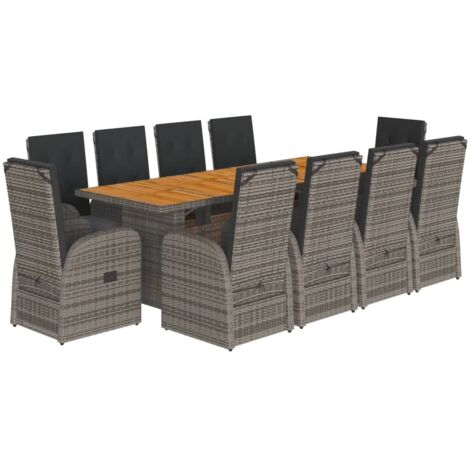 11-teiliges Gartentisch-Set mit grauen Poly-Rattan-Kissen