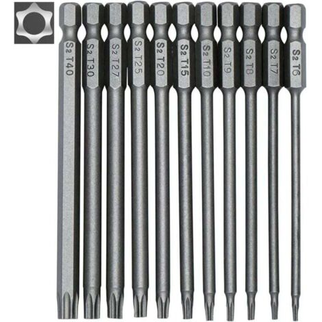 11-teiliges langes Torx-Schraubendreher-Bit-Set – magnetische Bits – 1/4-Zoll-Sechskantschaft – Größen T6 bis T40 – 100 mm Länge