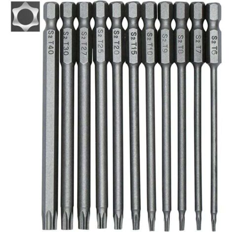 11-teiliges langes Torx-Schraubendreher-Bit-Set – magnetische Bits – 1/4-Zoll-Sechskantschaft – Größen T6 bis T40 – 100 mm Länge