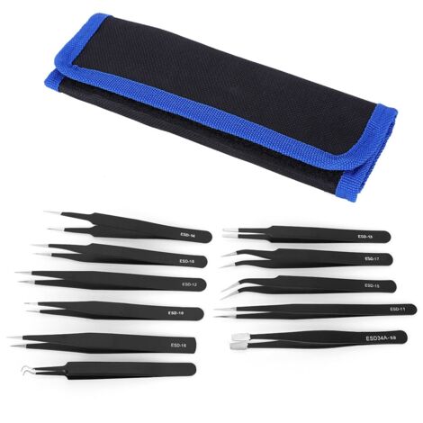 11-teiliges Pinzetten-Set aus Canvas, Utensilien-Set, Ebow-Werkzeug, Edelstahl, ESD, gerade Verpackung, Laborpinzette (Canvas-Beutel für Pinzette)