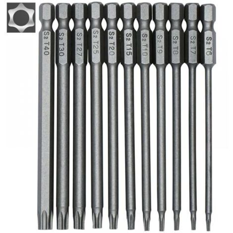 11-teiliges Set langer Schraubendreher-Bits – Magnetische Bits – 1/4" Sechskantschaft – Größen T6 bis T40 – Länge 100 mm