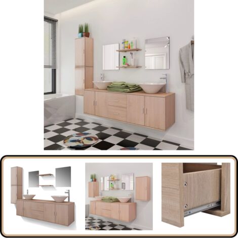 11-tlg. Badmöbel-Set mit Waschbecken und Wasserhahn Beige - Badezimmersatz - Badmöbel - Wascht Tisch - Spiegelschrank - Wandregal