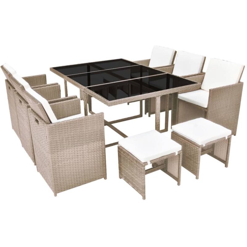 11 Tlg Garten Essgruppe Mit Auflagen Poly Rattan Beige