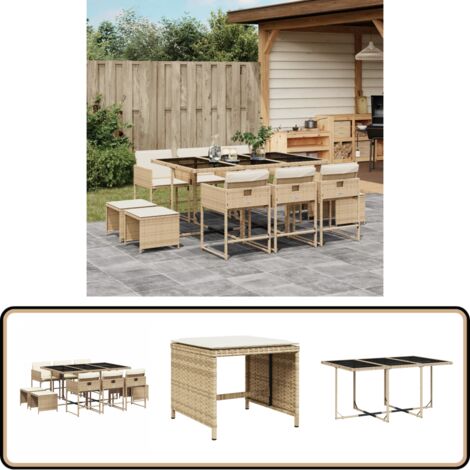 11-tlg. Garten-Essgruppe mit Kissen Beige Poly Rattan - Gartenmöbel Set - Gartentisch - Gartenstühle - Gartenhocker - Rattan Möbel