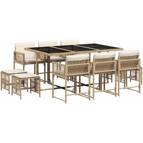 11-tlg. Garten-Essgruppe mit Kissen Beige Poly Rattan vidaXL